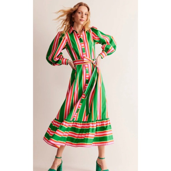 Boden Dresses & Skirts - Boden Green Pink Multi Stripe Maxi Shirt Dress Ruffle Hem | Size 8P